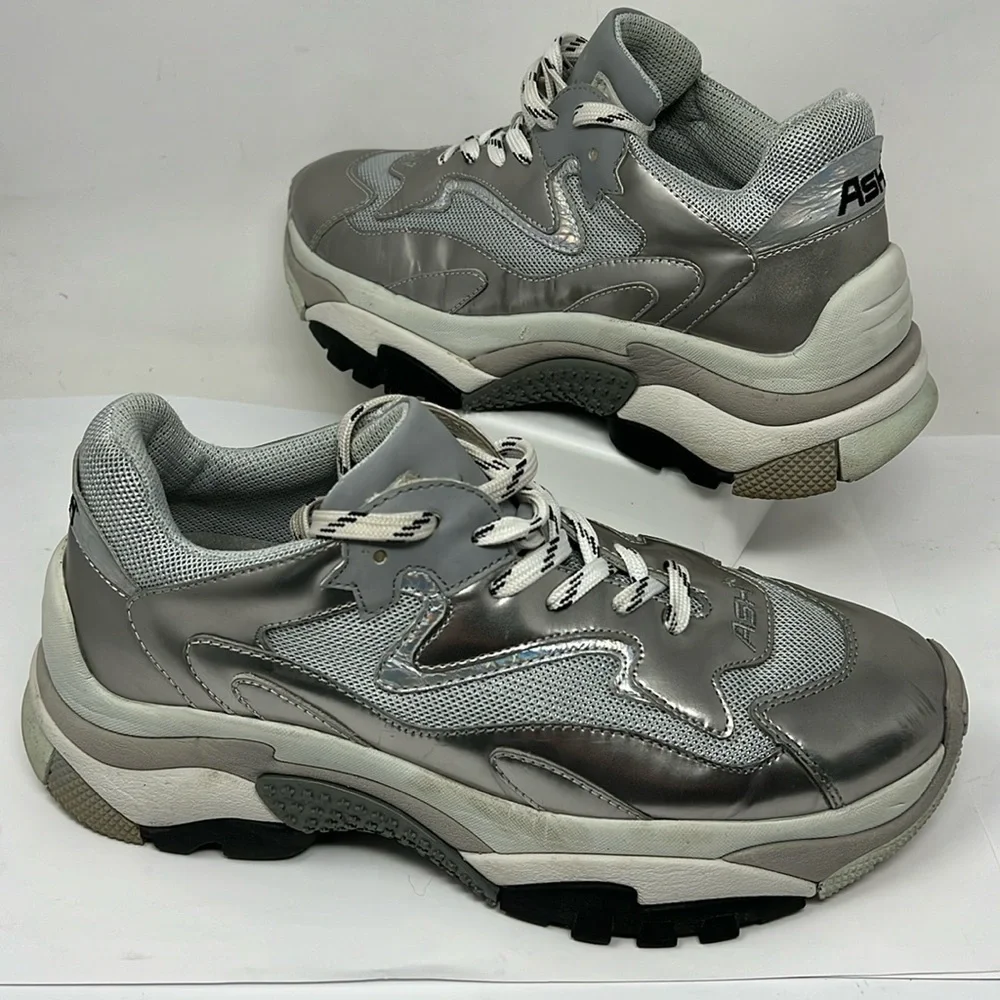 ASH Sz 40/US 9Leather and Nylon Silver Gray Colorblock Pattern Chunky Sneakers